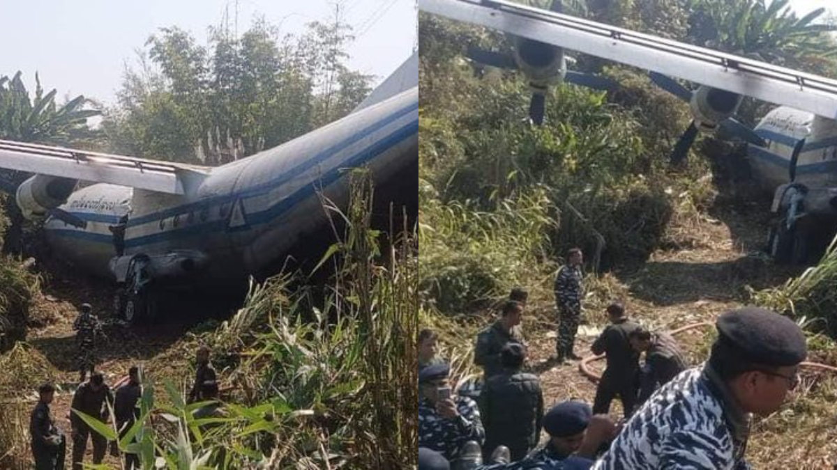 An army plane from Myanmar skidded off the runway in India and got stuck in bushes, its troops were repatriated.