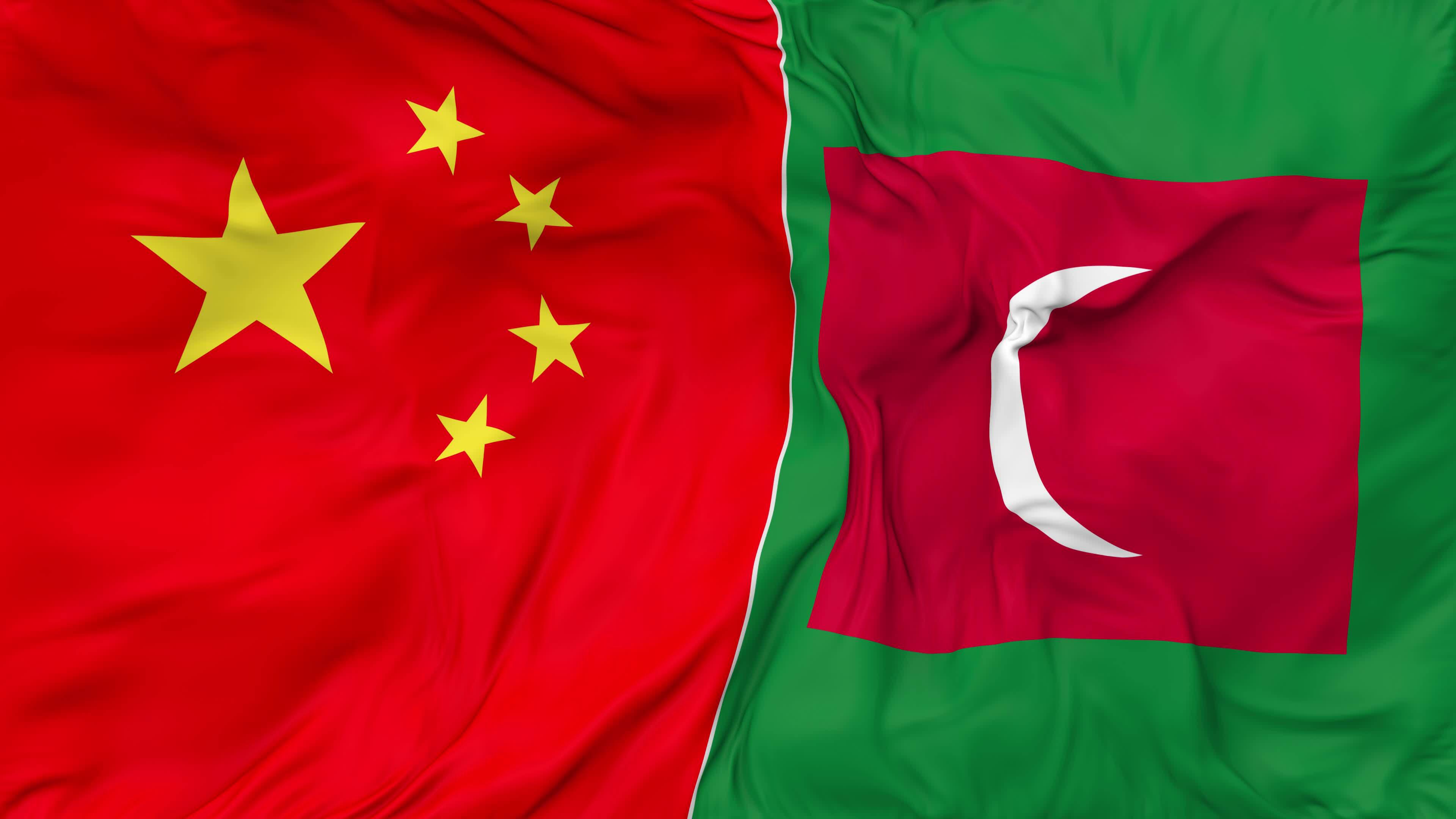 china and maldives flags together seamless looping background looped bump texture cloth waving slow motion 3d rendering free video