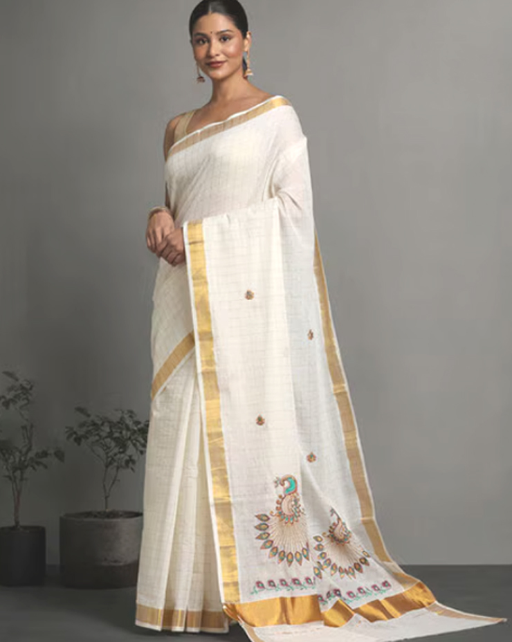 golden border saree for onam