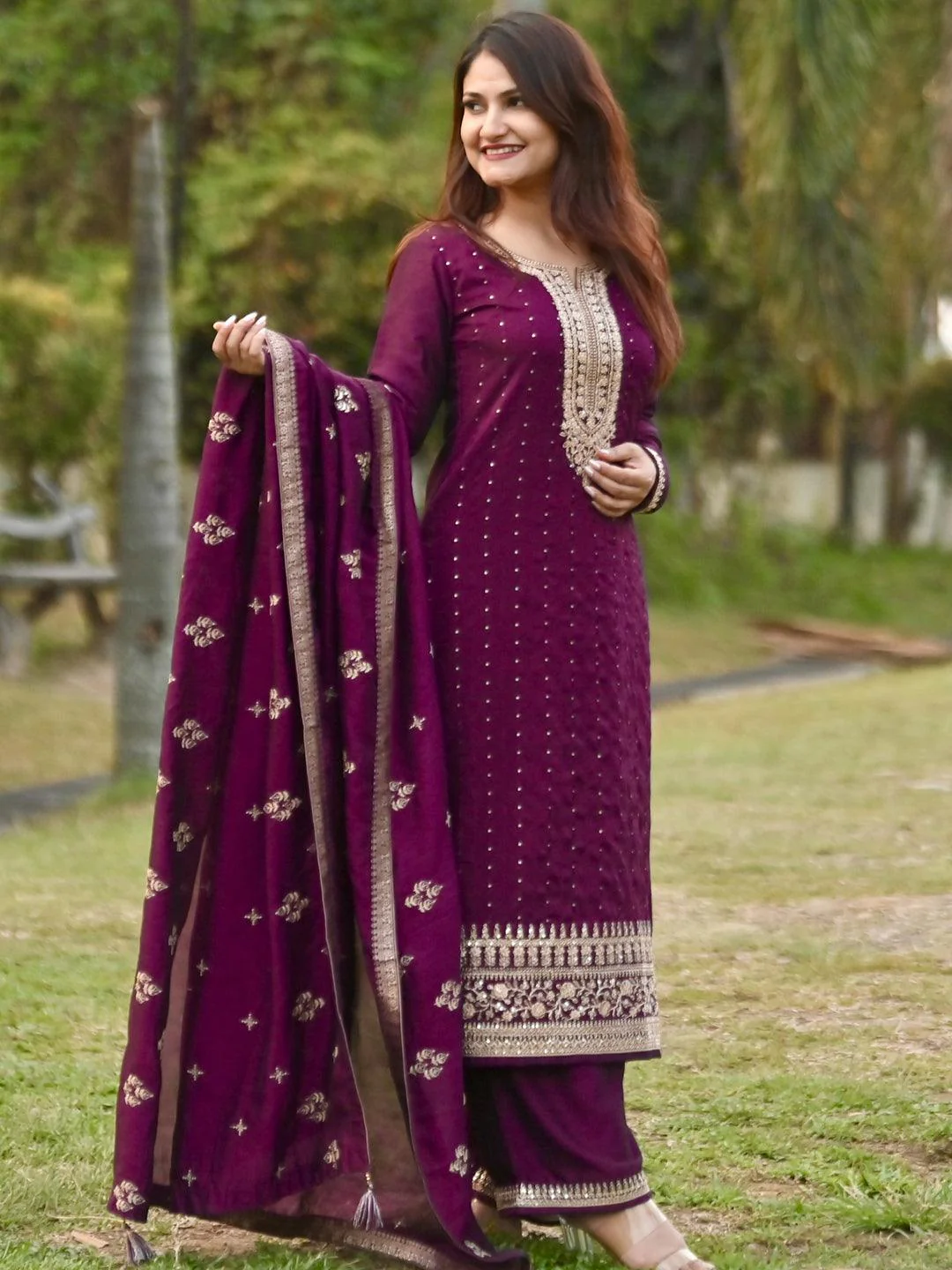 purple embroidered silk blend straight suit with dupatta libas 1