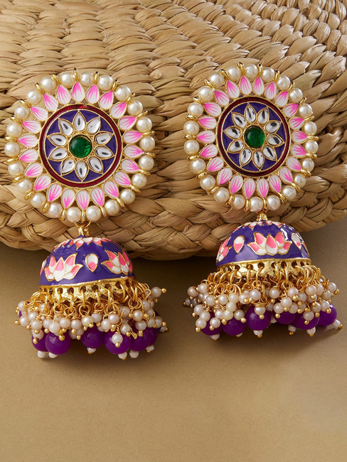 gold jhumka designs with suit and saree article