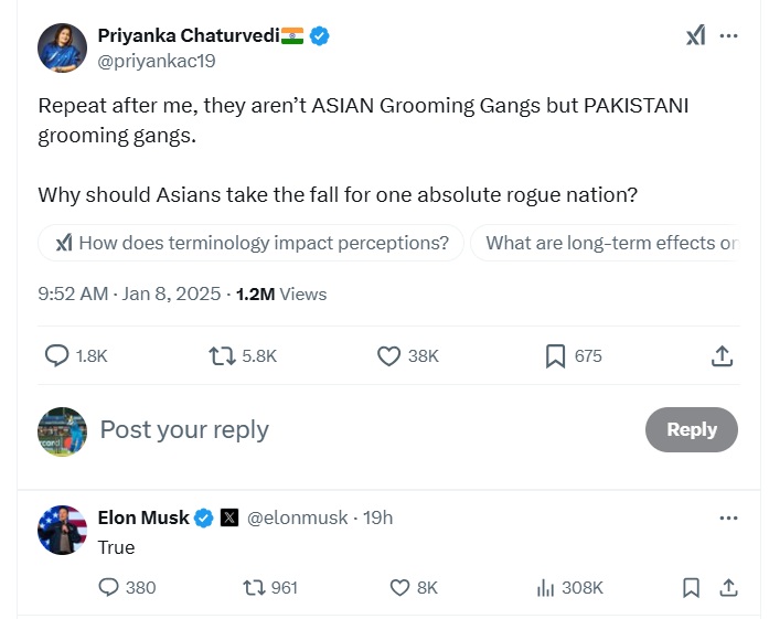 united kingdom pakistani grooming gangs elon musk backs priyanka chaturvedi post bashing pakistani grooming gangs in uk