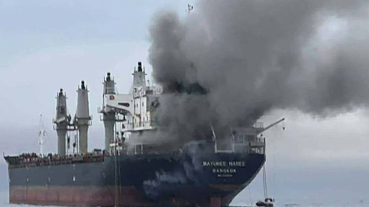 Missile attack on ship in Strait of Hormuz engulfed in smoke tense Middle East situation
